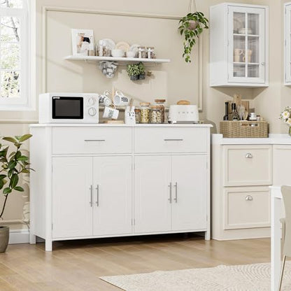 HOSATCK Buffet Sideboard Cabinet with Storage, White Coffee Bar Cabinet, Modern Kitchen Buffet Storage Cabinet with 2 Drawers & 4 Doors for Kitchen, Dining Room, Living Room, Entrway