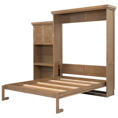 Merax Queen Size Murphy Bed with Storage, Solid Wood Hidden Wall Bed Frame with Cabinets, Farmhouse Murphy Bed Fame, Can Be Folded into a Cabinet, No Box Spring Needed, Wood Color Merax
