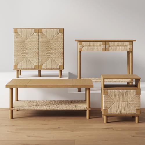 Nathan James Beacon Bohemian Coffee Table with Storage, 2-Tier Rectangle Coffee Table with Solid Wood Legs and Seagrass Shelf, Light Brown Nathan James