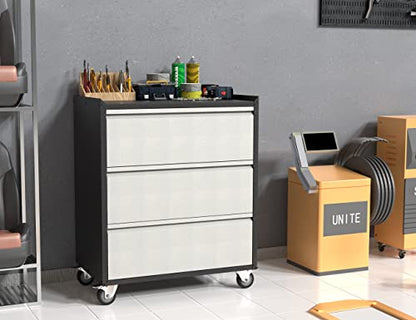 Aobabo Tool Storage Garage Cabinet with Wheels, 3 Drawer Tool Chest Rolling Metal Storage Cabinet on Wheels, Assembly Required, Black/Gray - WoodArtSupply