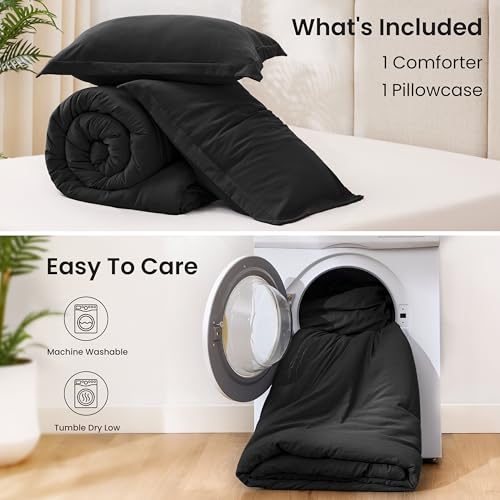 Love's cabin Black Twin/Twin XL Comforter Set, 2-Piece Prewashed Bed Set with 1 Comforter (66 x 90 in) & 1 Pillowcase, Lightweight & Breathable for All Seasons Love's cabin
