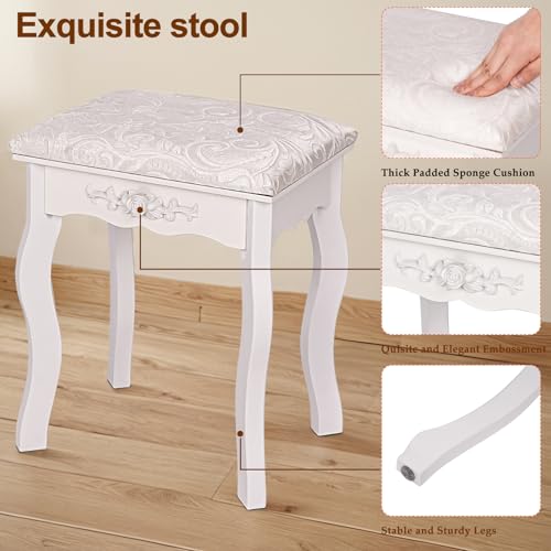 HVCBOSS 3-in-1 Makeup Vanity Desk with Tri-Fold LED Mirror, Charging Station (2 AC + 2 USB), 4 Drawers + Open Shelf, Small Vanity Table with Stool for Bedroom/Dorm HVCBOSS