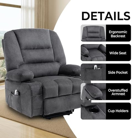 KCQ Overstuffed Electric Recliner Chairs for Adults with Cup Holder and USB Port, Fabric Power Lift Recliner Chair with Heat and Massage for Elderly Seniors, Grey KCQ