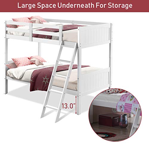 Costzon White Twin Over Twin Convertible Bunk Beds with Ladder and Safety Rail for Kids - WoodArtSupply