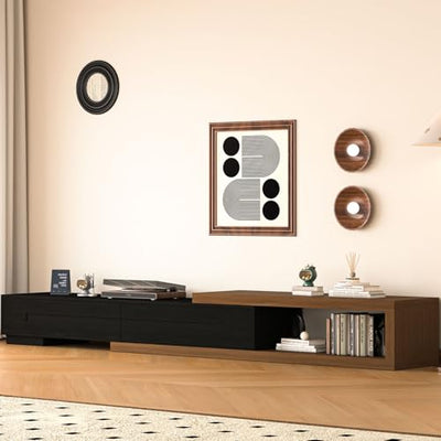 Bvldfamly 80’’-115’’ Extendable TV Stand for 120 Inch TV, Walnut Wood Modern Entertainment Center, Rectangle TV Console Table, Extendable, Black