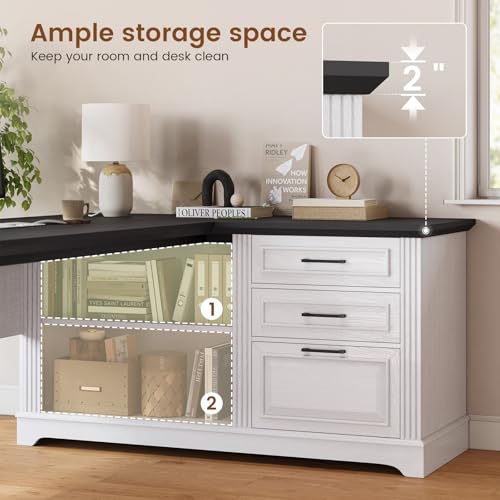 SEDETA Farmhouse 61" Executive L Shaped Desk, Home Office Desk with File Drawers, Computer Desk with Power Outlets and Storage Shelves for Home Office, White SEDETA