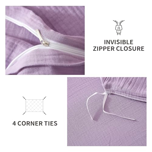 YASMENG 100% Cotton Muslin Duvet Cover Set Twin Size Purple, Ultra Soft Breathable Absorbent Gauze Bedding Duvet Cover, Luxurious Minimalist Natural Wrinkle Linen Textured Comforter Cover 68" x 90" YASMENG