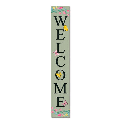 Ymaotrade Welcome Spring & Summer Flowers & Butterflies Porch Board Welcome Sign and Porch Leaner for Front Door Porch Deck Patio or Wall Farmhouse Rustic Vertical Porch and Yard Decor 8”x48” Ymaotrade