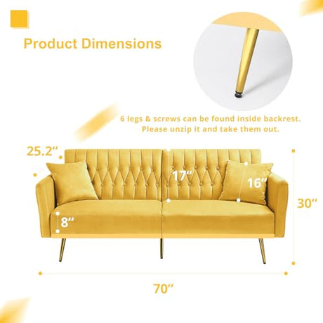 ACMEASE 70” Velvet Futon Sofa Bed w/Adjustable Armrests & 2 Pillows, Convertible Futon Couch w/Adjustable Backrests, Modern Sleeper Bed for Living Room, Bedroom, Yellow ACMEASE