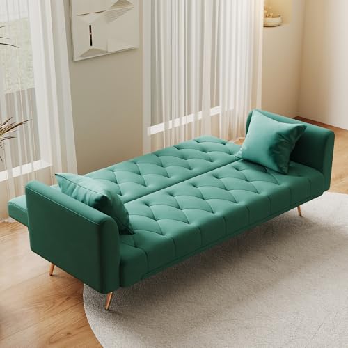 72"Modern Velvet Sofa Bed Futon,Convertible Folding Sleeper Bed Couches with 3 Adjustable Backrests,Tufted Recliner Love Seat with Golden Chrome Legs for Living Room Apartment Office (Green+pillows) Anwick