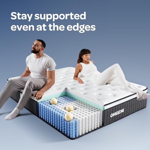 OhGeni 14 Inch Cooling Queen Size Mattress, Hybrid Gel-Infused Memory Foam Bed Mattresses in a Box, Medium Feel Cool Top Fabric,Individual Pocket Innerspring, 3-Zone Design & Reinforced Edge Support OhGeni