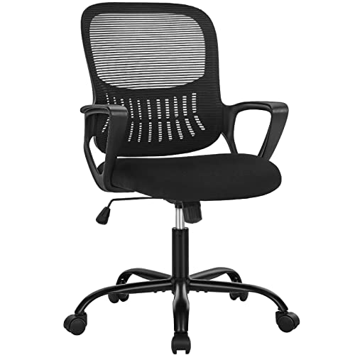 DUMOS Home Office Chair, Mid Back Computer Ergonomic Mesh Desk with Large Seat, Executive Height Adjustable Swivel Task with Lumbar Support and Armrest, for Adults, Black DUMOS