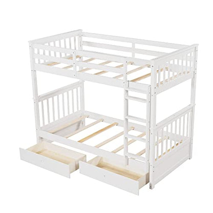 Merax Twin Over Twin Wood Bunk Bed with Storage Drawers in White - WoodArtSupply