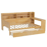 Bellemave Full Corner Bed Frame with Storage Shelves and Desk, Wood Full Size Daybed with Bookcase and Drawers, Natural Bellemave