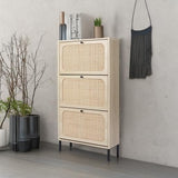 ZeHuoGe Natural Rattan Cabinet with 3 Flip Drawers, Free Standing Modern 3-Tier Shoe Storage Rack for Heels, Slippers, Entrance Hallway Entryway （3 Drawers） ZeHuoGe