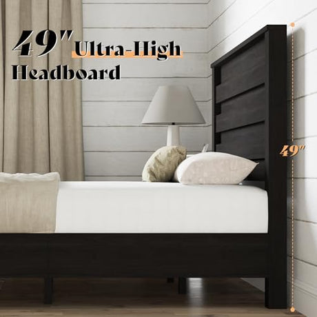 AMERLIFE Farmhouse King Size Bed Frame with 49" Fluted Headboard, Wood Platform Bed with Natural Grain, No Box Spring Needed/Noise Free, Black AMERLIFE