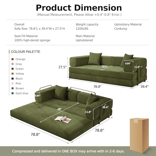 MoonSpeak 78.8''Sleeper Couch Bed for Livingroom,Convertible Modular Sofa with Armrest Pillow,Modular Foldable Corduroy Couches in a Box,No Assembly (Green) MoonSpeak
