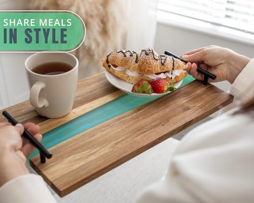 Visually Stunning Celeste Blue Resin + Acacia Wood Serving Board with Handles - 16x19 Serving Tray for Food, Breakfast in Bed, Coffee Table, Decor, Skincare Organization, Snacks, Patio, BBQ, Lap Tray Comfify