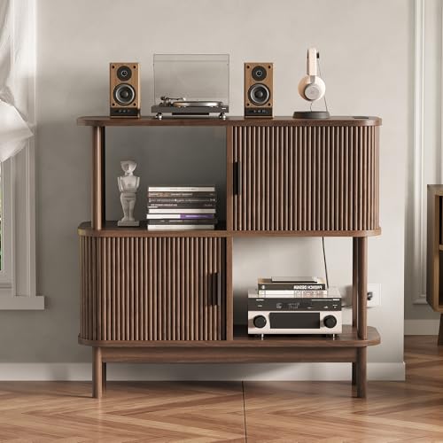 OneBlis 40" Large Record Player Stand with Charging Station, Mid Century Modern Turntable Cabinet with Sliding Doors, Wood Vinyl Record Storage Stand for Living Room Music Corner OneBlis