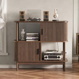OneBlis 40" Large Record Player Stand with Charging Station, Mid Century Modern Turntable Cabinet with Sliding Doors, Wood Vinyl Record Storage Stand for Living Room Music Corner OneBlis