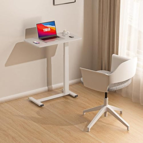 Ywin Medical Adjustable Overbed Bedside Table with Wheels, Rolling Standing Desk, Pneumatic Small Side Bed Table with Tray for Couch, Hospital, Home,Office Use (White) Ywin