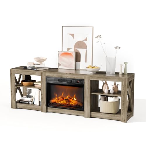 VINGLI Fireplace TV Stand for up to 80 inch TVs, Farmhouse Entertainment Center with Electric Fireplace Heater & Adjustable Shelves, Fireplace Media Console Table for Living Room, Gray Oak VINGLI