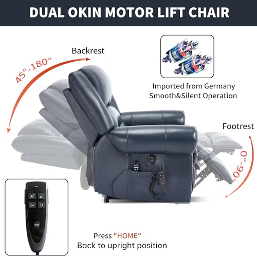 EZZUP Genuine Leather Power Lift Recliner Chair, Lazy Boy Recliner Chair with Charging Ports for Living Room Theater Seating, Electric Single Sofa with Round Armrest, Blue