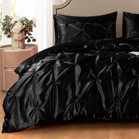 Heywaller 5-Piece Pinch Pleat Duvet Cover Set, Pintuck Duvet Cover Queen Size with Zipper, Black Satin Duvet Cover Shabby Chic Bedding (2 Pillow Shams + 2 Pillowcases), No Comforter Heywaller