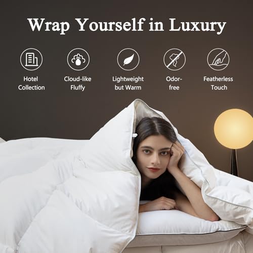 DWR Superior Luxury Feather Down Comforter King Size, Ultra-Soft Rose-Silk Cotton-Blend Fabric, High FP All Season Medium Warmth Bed Duvet Insert(106"x90", White) DWR