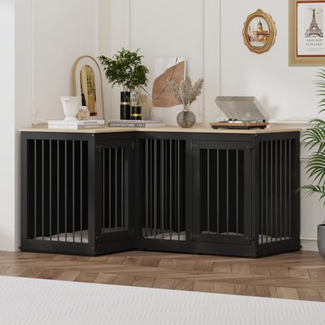 Lovinouse Corner Dog Crate Furniture for 2 Dogs, Indoor Wooden Furniture Style Heavy Duty Large Dog Kennel House with Double Rooms & Divider for Large & Medium Dogs, Black Lovinouse