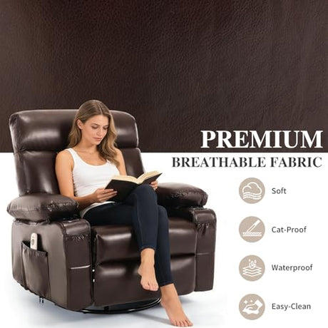 Comermax Rocker Recliner Chair with Heat and Massage, Wide Seat Heated Massaging Reclining Chair, Faux Leather Manual Swivel Rocking Recliners with Cup Holder, Dark Brown Comermax