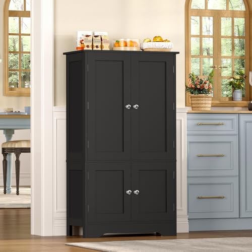 TEENFON Storage Cabinet with 4 Doors, Kitchen Cabinet with 6 Door Shelves, Kitchen Pantry for Living Room, Dining Room, Bathroom, Black TEENFON