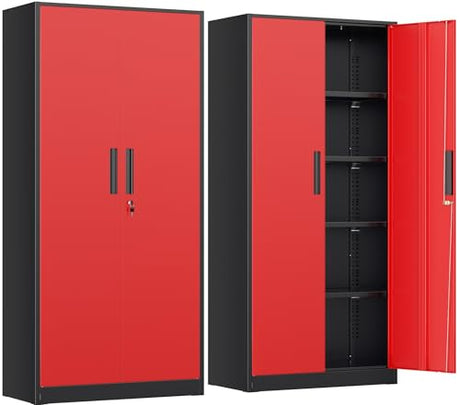INTERGRAET Metal Storage Cabinet with Adjustable Shelves, Garage Storage Cabinets with Doors and Shelves, File Cabinets for Home Office, Kitchen Pantry Cabinet, 72''H, Black Red INTERGREAT