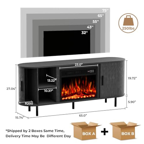 BREEZEHEAT 65'' Mid Century Modern Fluted TV Stand with 23" Fireplace, Curved Fireplace Entertainment Center for TVs Up to 75 Inches, Black Media Console Cabinet for Living Room BREEZEHEAT