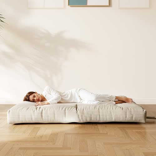 Furnify 6" Futon Mattress Queen Size, Futons Sofa Couch Bed with Straps, Thick Corduroy Fabric Floor Mattress for Adults, Foldable Mattress with Shredded Foam Filling (Frame Not Included), Beige Furnify