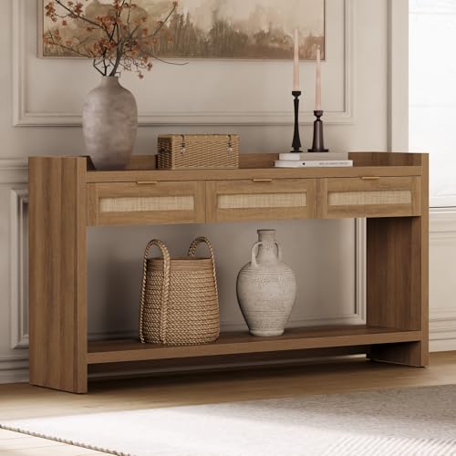 SICOTAS 60" Rattan Console Table for Entryway - Farmhouse Entry Table Sofa Table with 3 Drawers, Narrow TV Console Table with Storage for Living Room, Hallway, Couch, Foyer SICOTAS