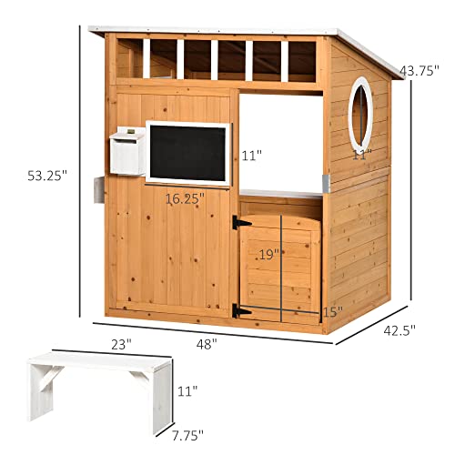 Outsunny Wooden Playhouse for Kids Outdoor with Working Door, Windows, Mailbox, Bench, Flowers Pot Holder, 48" x 42.5" x 53" - WoodArtSupply