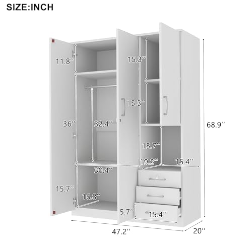 EMKK Wood Wardrobe Closet with 2 Doors and Drawers,Bedroom Freestanding Armoire Storage Cabinet w/Shelves and 3 Drawers,WoodenWardrobe Combination for Hanging Clothes EMKK