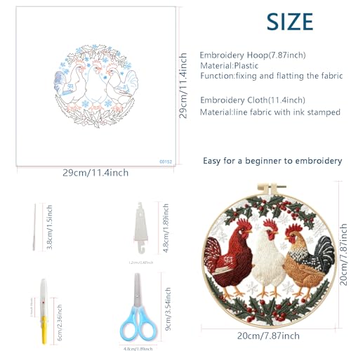 Zhenqing Birds Embroidery Kit for Beginners, 4 Circular Designs with 20cm Hoop, Pre-Printed 29x29cm Fabric & Threads - Flamingo, Swan, Chicken, Rooster Patterns for Home Decor(C0180)
