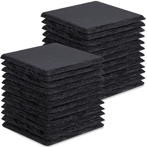 24 Pieces Slate Drink Coasters, GOH DODD 4 Inch Black Coasters Stone Coaster Set, Laser Engraving Blanks with Anti-Scratch Bottom for Home Office Kitchen Housewarming Gifts Wedding Party, Square GOH DODD