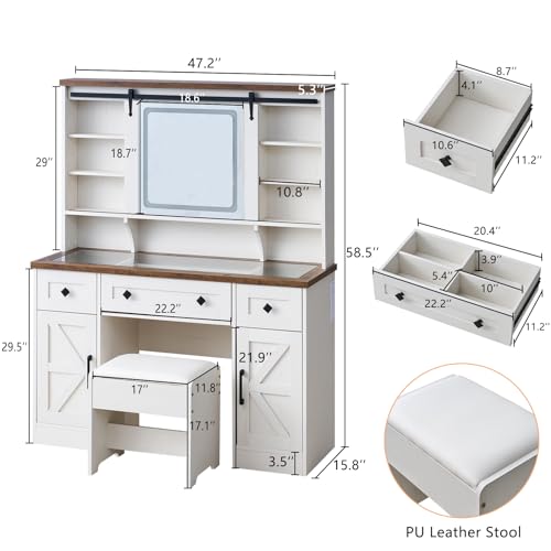 AMERLIFE 47.2" W Farmhouse Makeup Vanity Desk with Sliding Mirror, Vanity Set with Stool & Charging Station & 3 Brightness Lights, Glass Desktop, Ample Storage, Antique White AMERLIFE