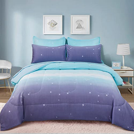Dinjoy Girls Comforter Set Full Size Colorful Ombre Blue Purple Rainbow Bedding Set Bed in A Bag for Kid Teen Girls 7 Pieces (1 Comforter, 1 Flat Sheet, 1 Fitted Sheet, 2 Pillow Shams, 2 Pillowcases) Dinjoy