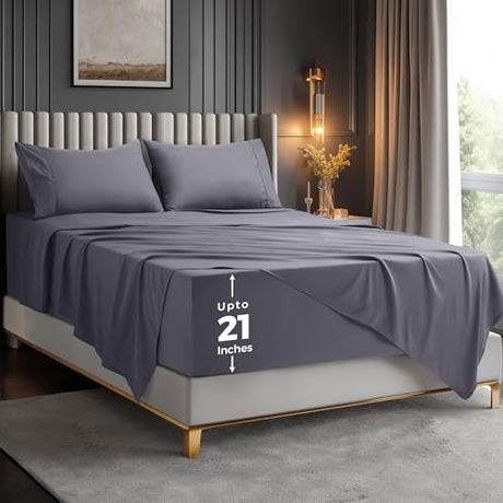 Utopia Bedding King Size Extra Deep Pocket Sheet Set – Fits Mattresses Up to 21 inches – Cooling, Soft & Breathable – Oeko-Tex 4 Piece Bed Sheets (Grey) Utopia Bedding