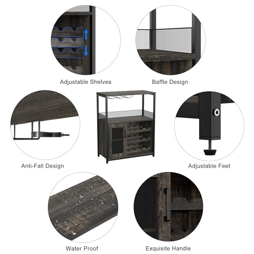 IDEALHOUSE 3-Tier Wine Bar Cabinet with Detachable Wine Rack and Storage Space, Buffet Cabinet with Glass Holder and Mesh Door, for Kitchen, Living Room and Bar (Dark Wood) IDEALHOUSE