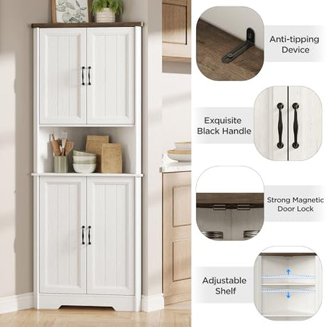 Vabches Tall Corner Cabinet, Corner Bathroom Cabinet, 67" Farmhouse Storage Cabinet with 4 Doors and Adjustable Shelves, Home Space Saver for Bathroom, Kitchen, Living Room, Pantry, White Vabches