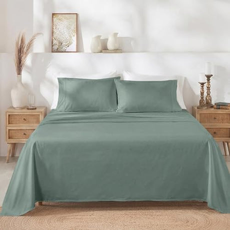 California Design Den Queen Sheet Set - Soft 400 Thread Count Sateen, Natural 100% Cotton Sheets, Deep Pockets with All Around Elastic for a Snug Fit, Durable Bedding Set - Sage Green California Design Den