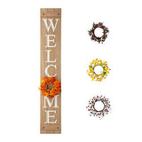 Glitzhome Welcome Sign with 4 Interchangeable Floral Wreaths for Front Door Porch, Farmhouse Wooden Hanging Wall Sign for Seasons Spring Fall Harvest Thanksgiving Christmas, 60”H, Natural Glitzhome