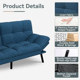 AMICLIBER Futon Sofa Bed Convertible Couch, Blue Linen Sofa Bed with Memory Foam, Adjustable Backrest & Armrests, Multifunctional Small Loveseat Sleeper Sofa for Living Room, Apartment, Office AMICLIBER