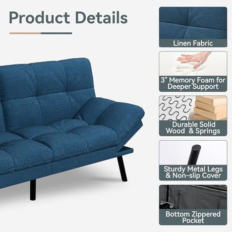 AMICLIBER Futon Sofa Bed Convertible Couch, Blue Linen Sofa Bed with Memory Foam, Adjustable Backrest & Armrests, Multifunctional Small Loveseat Sleeper Sofa for Living Room, Apartment, Office AMICLIBER