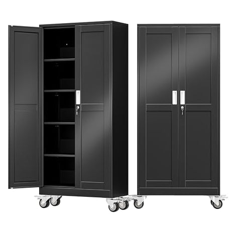 AUEYTVR 71" Tall Metal Garage Storage Cabinet with Wheels and Locking Doors and Tall Rolling Steel Tool Cabinet with 4 Adjustable Shelves for Garage,Home,Office,Shop (Black) AUEYTVR